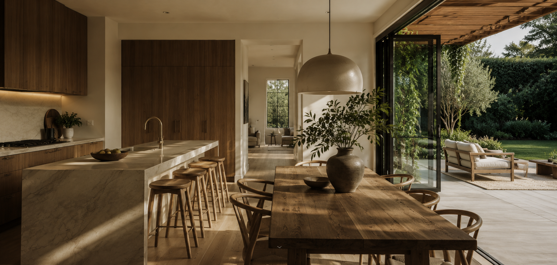 Luxury modern interior — warm timber kitchen and dining with garden views