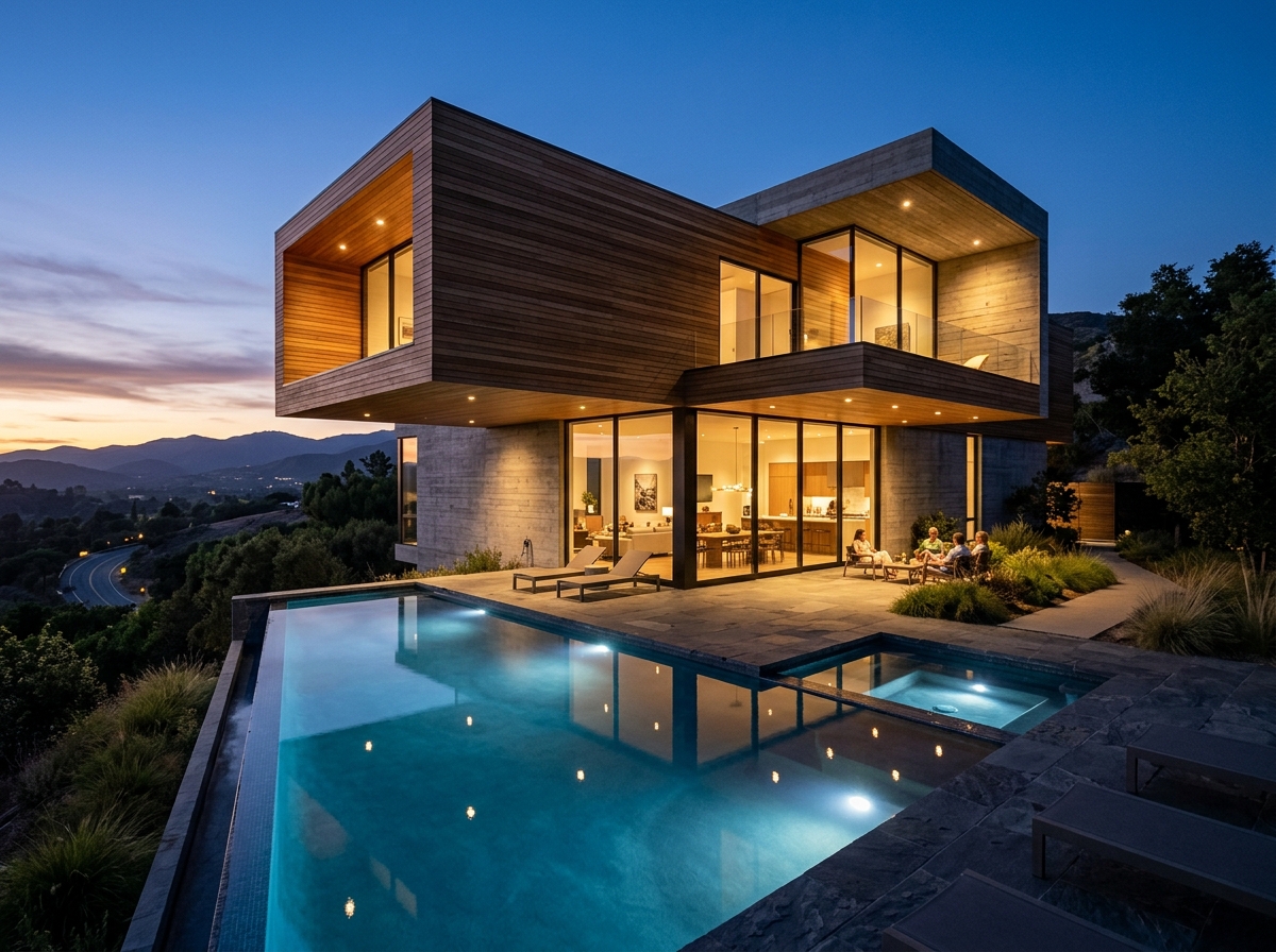 Hillside Sanctuary luxury modern villa at dusk