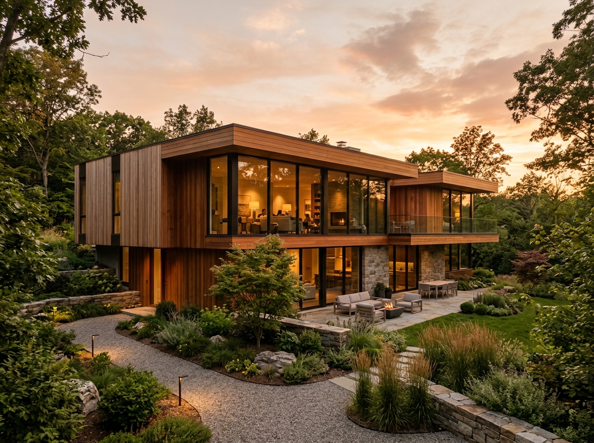 Serenity Residence — modern timber home at twilight