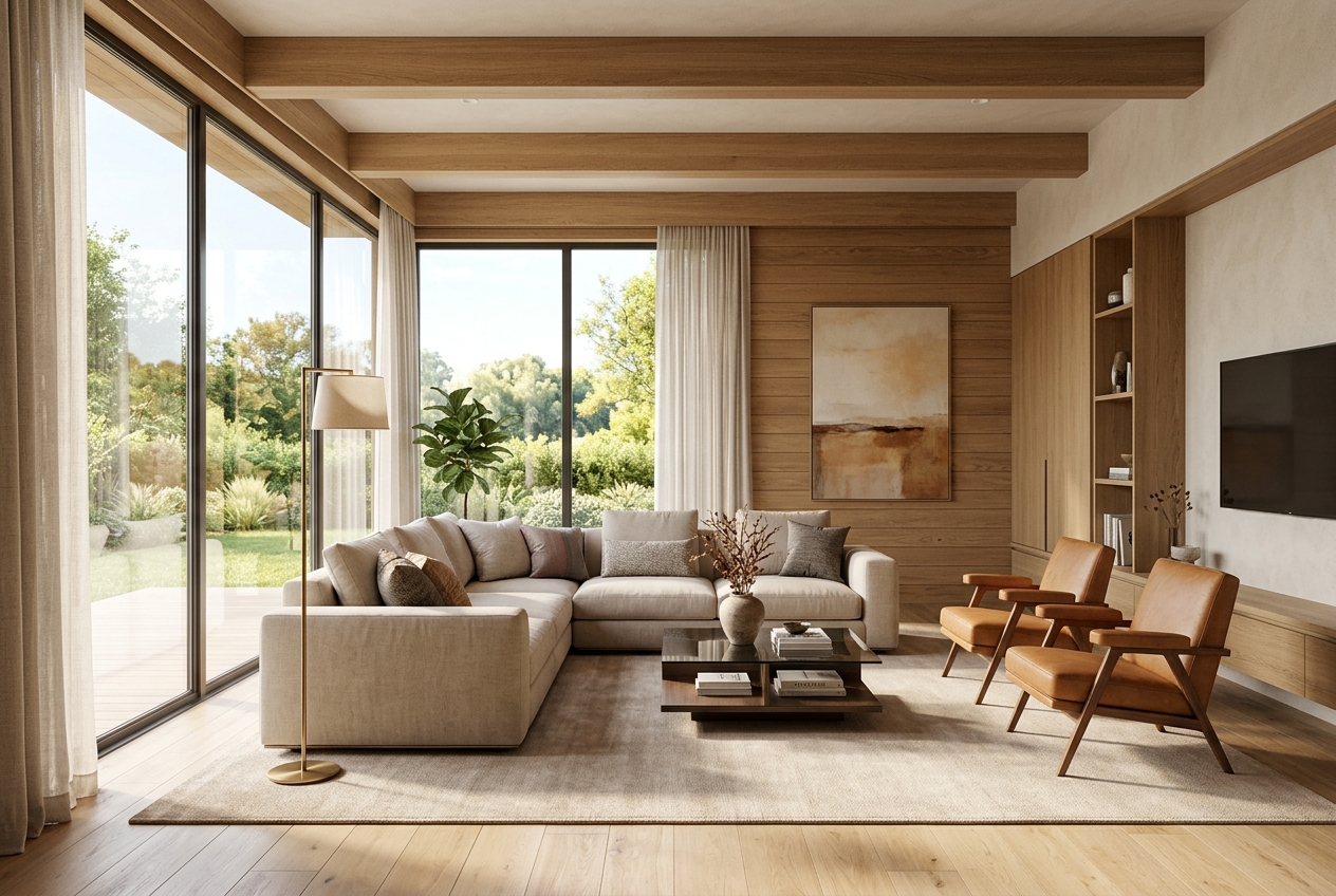 Photorealistic 3D render of modern living space